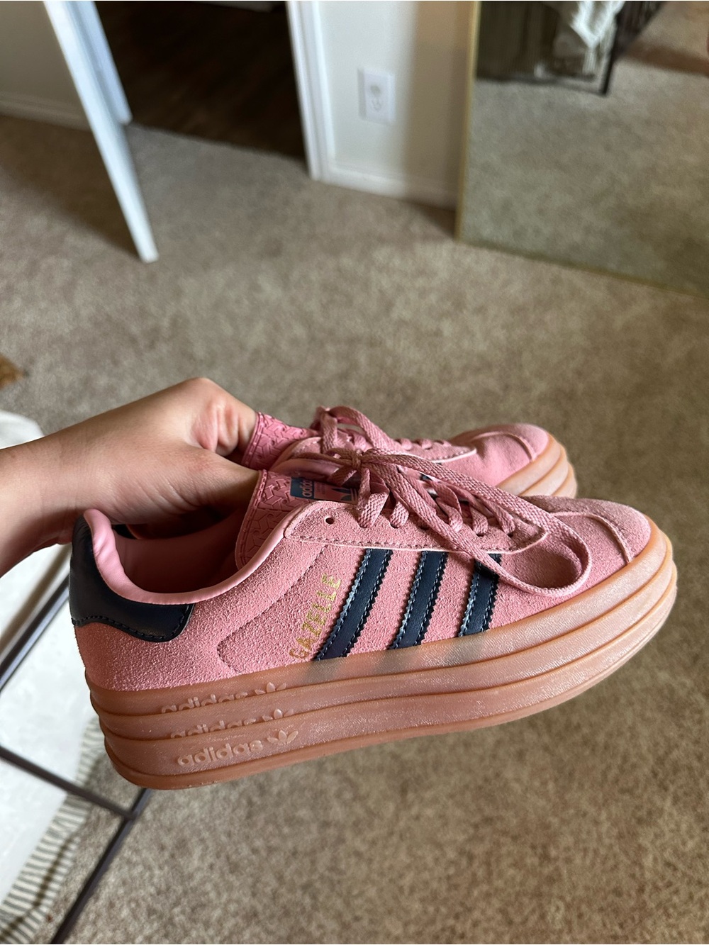 adidas Pink Suede Platform Sneakers with Black Stripes